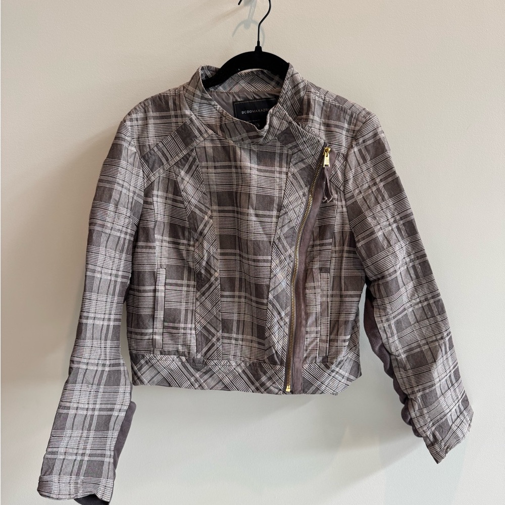 BCBGMaxAzria Gray Plaid Asymmetrical Chic Jacket Size Medium